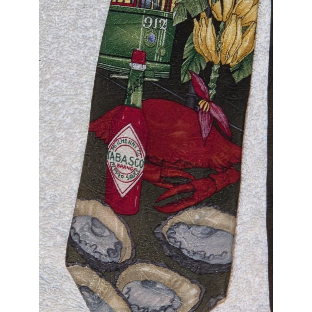Tabasco Novelty Tie 100% Silk New Orleans Motif Lobster Oysters Streetcar